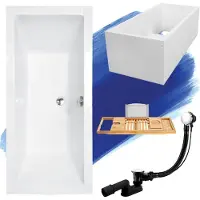 Besco Badewanne Rechteck Set 5in1 180x80 mit Premium Ablaufgarnitur und Füßen GRATIS + Wannenträger + Bambus Holzablage | BADLAND QUADRO