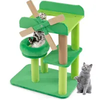 Costway Kleiner Kratzbaum, Katzenbaum mit Liegefläche, Plattformen, Kratzsäule, Katzenturm in Windmühle-Form für kleine Katzen 50x34x60cm Grün