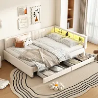 Sweiko Daybett, 140x200cm, Tagesbett, Schlafsofa, Ablagefach am Bett, USB+Typ C, Fernbedienung für LED-Umgebungslicht, Bett mit zwei Schubladen, Bett mit Lattenrost (ohne Matratze), Leinen, Beige