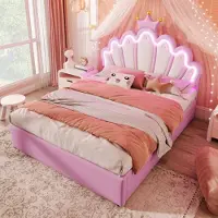 OKWISH Polsterbett mit Matratze 140x200 Kinderbett mit Lattenrost,Jugendbett Prinzessinnenbett mit Ferngesteuertes Ambientelicht,mit 2 Schubladen,Rosa