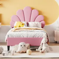 MODFU Polsterbett Kinderbett Einzelbett 90x200cm mit höhenverstellbarem Kopfteil und Lattenrost, Blumenform-Kopfteil für Kinder, Rosa(Ohne Matratze)