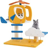 Costway Kratzbaum 76cm, Katzenbaum Hubschrauber-Thema, Katzenmöbel Kletterbaum mit Wolken-Plattform, Spielzeug, Sisal-Kratzsäulen & Leiter Gelb
