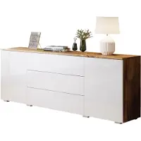 Mirjan 24 Kommode Awit 150 Highboard mit 3 Schubladen und 2 Türen, Stilvoll Sideboard, Wohnzimmer Schrank (Farbe: Wotan / Weiß Hochglanz)
