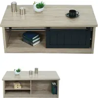 Mendler Couchtisch MCW-K75, Beistelltisch Wohnzimmertisch, Schiebetüre 6 Staufächer, Holz-Optik Metall 44x120x60cm naturfarben