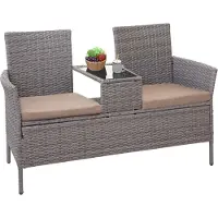 Mendler Poly-Rattan Sitzbank mit Tisch MCW-E24, Gartenbank Sitzgruppe Gartensofa, 132cm grau, Kissen creme