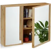 Relaxdays Bad Spiegelschrank 2-türig, Wandschrank aus Bambus, vormontierter Badschrank HxBxT: 50 x 65 x 14 cm, natur