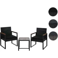 Mendler Poly-Rattan Garnitur HWC-P74, Lounge-Set Garten 2x Stuhl Tisch, Akazie Holz Stoff 180g/m² schwarz, Polster schwarz