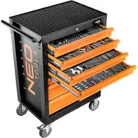 Neo Tools Werkstattwagen Gefüllt mit Werkzeug 176-teilig | 7 Fächer - Schubladen mit Kugellager - Zentral Abschließbar - Anti-Rutsch-Matte