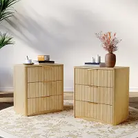 OKWISH Nachttisch MDF Eiche 58x38x64 cm mit 3 Schubladen, Dämpfungssystem, goldfarbene Metallgriffe, abgerundete Ecken