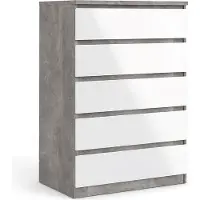Ebuy24 Nada Kommode hoch mit 5 Schubladen, beton Nachbildung,weiss hochglanz.