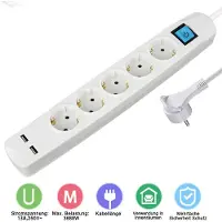 MaxTrack ORSEM Steckdosenleiste 5-Fach / 5m Kabel Mehrfachsteckdose IP 20 mit 2x USB Anschluss 2.1A / 3680W mit Schalter und Kindersicherung USB Steckdose Weiß