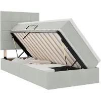 Syfax Stauraumbett mit Matratze, Gaslift, LED-Beleuchtung, Samt Hellgrau, verstellbares Kopfteil 78/88 cm, 100x200 cm, mittelfest