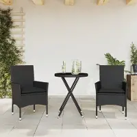 vidaXL "Rabatt" 3-tlg. Bistro-Set - mit tishe & Stuhl - mit Kissen Schwarz Poly Rattan und Glas - Lounge-Dining set CC10921