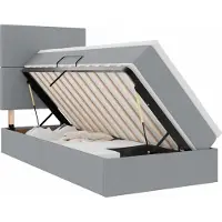 Syfax LED-Speicherbett, Gaslift Stauraum, verstellbares Kopfteil, USB LED-Beleuchtung, Holzwerkstoff, Hellgrau, 90x200 cm, mittelfeste Matratze, Topper