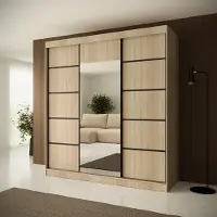 Beautysofa | Schiebetürenschrank MONIKA 200 cm mit Spiegel – Kleiderschrank Eiche Sonoma mit dekorativen Schwarz Sprossen, 3 Schiebetüren