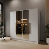 Beautysofa Drehtürenschrank LARO 200 cm Moderner Kleiderschrank mit Spiegel und glatten Türen, Weiß mit goldene Griffe