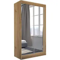 Beautysofa Schrank mit Schwebetüren DEBRA - 150cm Kleiderschrank mit Spiegeln & Kleiderstangen (Artisan Eiche)