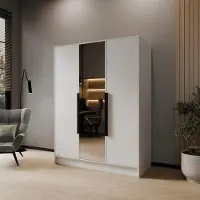Beautysofa Drehtürenschrank LARO 150 cm Moderner Kleiderschrank mit Spiegel und glatten Türen, Weiß mit schwarze Griffe