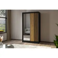 Beautysofa Schiebetürenschrank NELA II 120cm - 2-türig Kleiderschrank, Garderobe, Schrank mit Spiegeln & 2 Schubladen, Farbe: Schwarz+Artisan+Schwarz