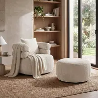 Beautysofa Drehsessel-Set NANO Creme – Drehsessel 360° mit runder Form mit Hocker, Relaxsessel, Lesesessel, Sitzhocker, Fußhocker und Zierkissen