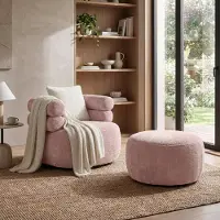Beautysofa Drehsessel-Set NANO Rosa – Drehsessel 360° mit runder Form mit Hocker, Relaxsessel, Lesesessel, Sitzhocker, Fußhocker und Zierkissen