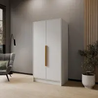 Beautysofa Drehtürenschrank PAVIA 100 cm Moderner Kleiderschrank mit glatten Türen, Weiß mit goldene Griffe