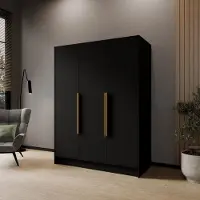 Beautysofa Drehtürenschrank PAVIA 150 cm Moderner Kleiderschrank mit glatten Türen, Schwarz mit goldene Griffe
