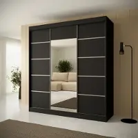 Beautysofa | Schiebetürenschrank MONIKA 200 cm mit Spiegel – Kleiderschrank Schwarz mit dekorativen Silber Sprossen, 3 Schiebetüren