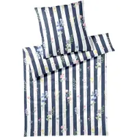 Elegante Mako-Satin-Bettwäsche-Garnitur Flowerstripe Farbe Marine Größe 135x200+80x80