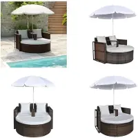 vidaXL Gartenbett mit Sonnenschirm Braun Poly Rattan - Gartenstuhl - Gartenstühle - Sonnenliege - Sonnenliegen