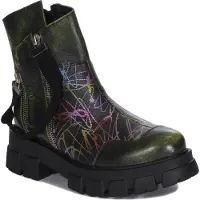 MACIEJKA Damen Stiefeletten aus Naturleder Grün mit buntem Muster, dekorativem Doppelreißverschluss und isoliertem Futter