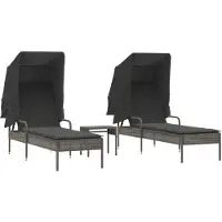 Syfax Sonnenliegen 2 Stk. mit Dach und Tisch Grau Poly Rattan