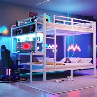 SUCCESS COURIER Etagenbett, 140×200 cm, Eisenrahmen mit Ablagefach, Schreibtisch, LED-Lichtleiste, USB-Anschluss, Sicherheitsgeländer & Leiter, ohne Matratze, Weiß
