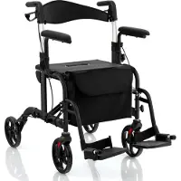 Costway 2in1 Rollstuhl & Rollator klappbar & leicht mit Sitz, Gehhilfe 6-fach höhenverstellbar, Gehwagen mit Tasche, Bremsen & Stockhalter Schwarz
