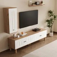 STILVORA Wohnzimmermöbel mit Highboard,Schränke&Wandboard,Wohnwand 3er-Set mit Holzbeine,Wandmöbel mit Scharniermechanismus,Weiß+Natur