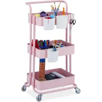Relaxdays Rollwagen, 3 Etagen, 2 Bremsen, Allzweckwagen für Küche und Büro, Rollregal HBT 86x38x39 cm, Metall, rosa