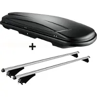 VDP Dachbox schwarz JUXT 600 großer Dachkoffer 600 Liter abschließbar + Alu-Relingträger Dachgepäckträger aufliegende Reling im Set kompatibel mit für Audi A3 8PA 04-12