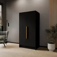 Beautysofa Drehtürenschrank PAVIA 100 cm Moderner Kleiderschrank mit glatten Türen, Schwarz mit goldene Griffe