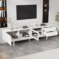 OKWISH Moderner TV-Schränke mit 2 Türen und 2 Schubladen,Fernsehschrank mit großem Stauraum für 80-Zoll, Weiß