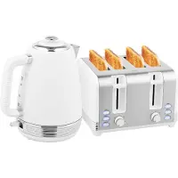 HOMCOM Wasserkocher- und Toaster-Set aus Edelstahl, 2200 W, 1,7 l, 4-Scheiben-Toaster, 7 Bräunungsstufen, Schnellaufheizfunktion, Strix-Thermostat, Kalkfilter und Krümelschublade, Weiß