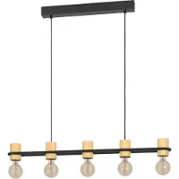Eglo Hängelampe Chieveley, 5-flammige Pendelleuchte über Esstisch, Deckenlampe hängend aus Metall in Schwarz und Holz in Natur, E27 Fassung, L 88,5 cm