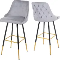 Mendler 2er-Set Barhocker MCW-E70, Barstuhl Tresenhocker, Retro Design Samt goldene Streben/Füße grau