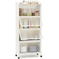 Costway 5-stufiger Küchenschrank hoch, Küchenregal mit Rollen, aufklappbaren PC-Türen & Kippschutz, Mikrowellenständer, Standregal Hochschrank Weiß