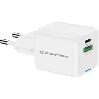 Conceptronic 2-Port 20W GaN USB-PD-Ladegerät, USB-C x 1, USB-A x 1, QC 3.0, PPS, Drinnen, AC, 12 V, Weiß