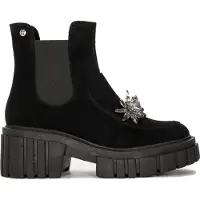 MACIEJKA Damen Stiefel Schwarz Wildleder isoliert Plateau 3,5 cm Absatz 6,5 cm Kristallverzierung
