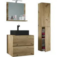 VCM 4-tlg. Waschplatz Waschtisch | schwarzes Waschbecken Unterschrank Breite 60 cm | Badmöbel Set mit Schubladen Drehtüren Spiegel | Lendas S BL
