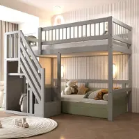 Flieks Etagenbett 90x200cm mit Rausfallschutz, Hochbett mit Treppe mit Kleiderstange und Ablagen, Kinderbett Einzelbett mit Lattenrost, Grau
