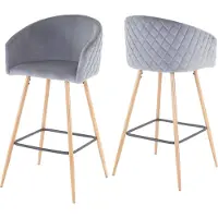 Mendler 2er-Set Barhocker MCW-D72, Barstuhl Tresenhocker Küchenhocker mit Lehne, Metall Holzoptik Samt, grau