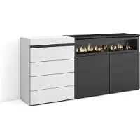 Skraut Home Kommode mit Schubladen, 157x35x75 cm, Für Schlafzimmer, Elektrokamin, Weiß und Schwarz