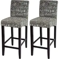 Mendler 2er-Set Barhocker HWC-C33, Barstuhl Tresenhocker, Holz Schriftzug, grau, dunkle Beine, Stoff/Textil